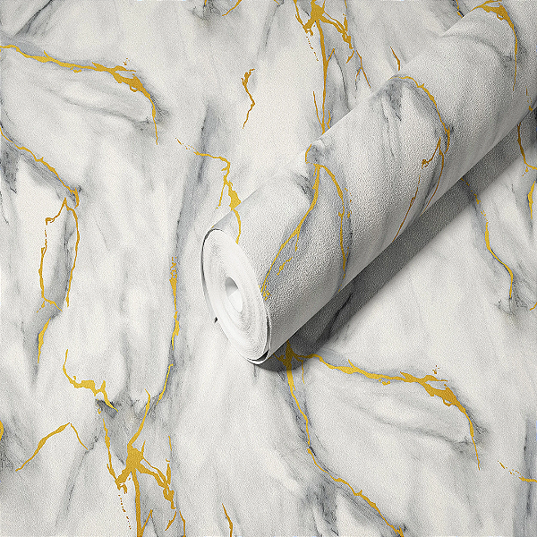Papel de Parede Importado Textura Mármore Cinza com Dourado Vinílico VT63 - Rolo de 10 metros