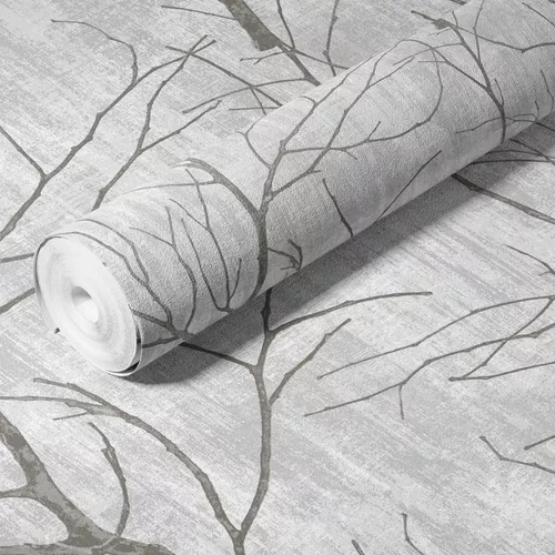 Papel de Parede Importado Texturizado Galhos Cinza Vinílico VT37 - Rolo de 10 metros