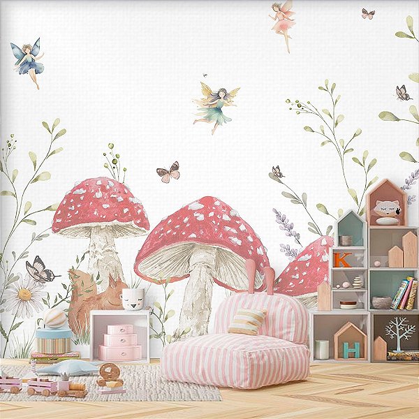 Papel de Parede Infantil  Quarto Personalizado  Cogumelos e Fadas