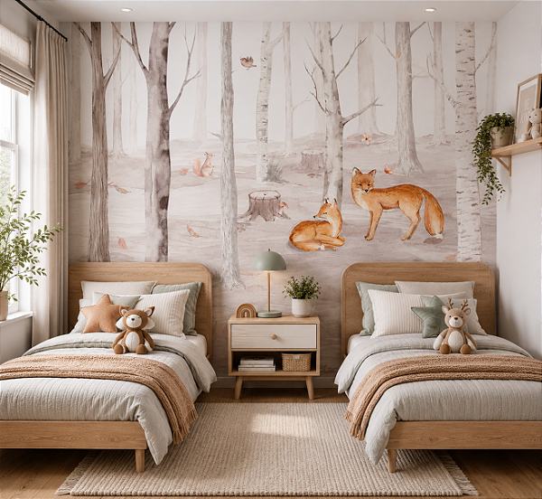 Papel de Parede Personalizado Quarto Infantil Floresta das Raposas
