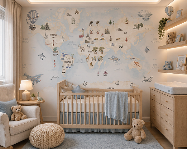 Papel de Parede Quarto Infantil Personalizado Mapa Mundi Azul Aquarela