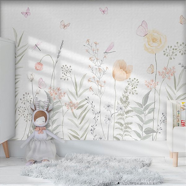 Papel de Parede Infantil Quarto Personalizado Jardim Aquerela Borboletas e Libélulas