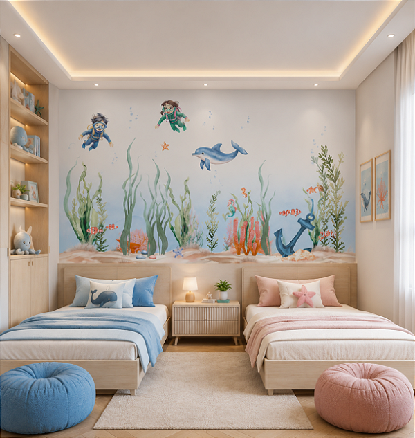 Papel de Parede Personalizado Quarto Fundo do Mar Golfinho Infantil Sob Medida Non Wovem