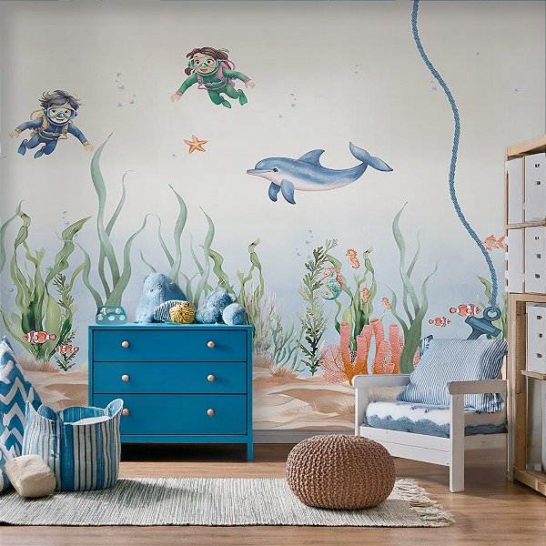 Papel de Parede Personalizado Quarto  Fundo do Mar Golfinho Infantil Sob Medida Non Wovem