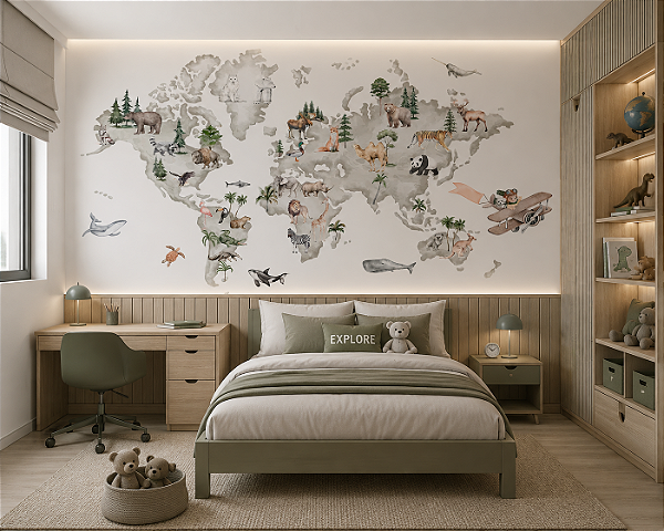 Papel de Parede Personalizado Quarto Menino Mapa Mundi Animais