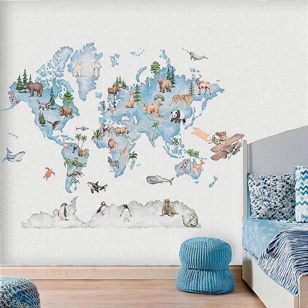 Papel de Parede Personalizado Quarto Menino Mapa Mundi Animais Azul