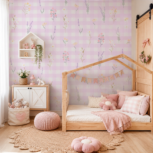 Papel de Parede Infantil Personalizado Xadrez Floral Lilás
