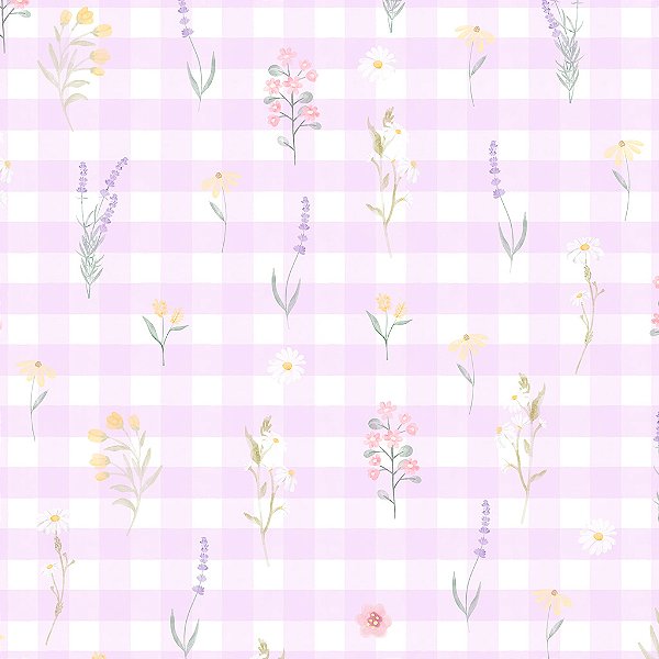 Papel de Parede Infantil Personalizado Xadrez Floral Lilás
