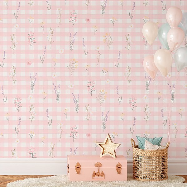Papel de Parede Infantil Personalizado Xadrez Floral Rosa