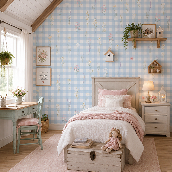 Papel de Parede Infantil Personalizado Xadrez Floral Azul