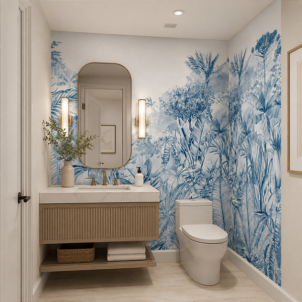 Papel de Parede Personalizado Lavabo Art Mata Azul Sob Medida