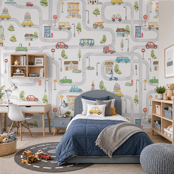 Papel de Parede Personalizado Quarto Infantil Menino Carros Aquarela