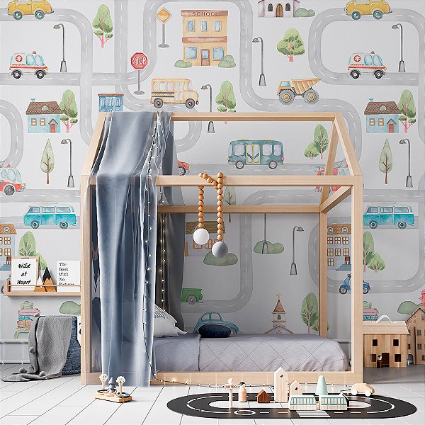 Papel de Parede Personalizado Quarto Infantil Menino Carros Aquarela