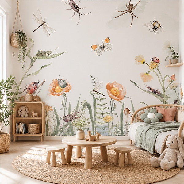 Papel de Parede Personalizado Quarto Infantil Insetos no Jardim