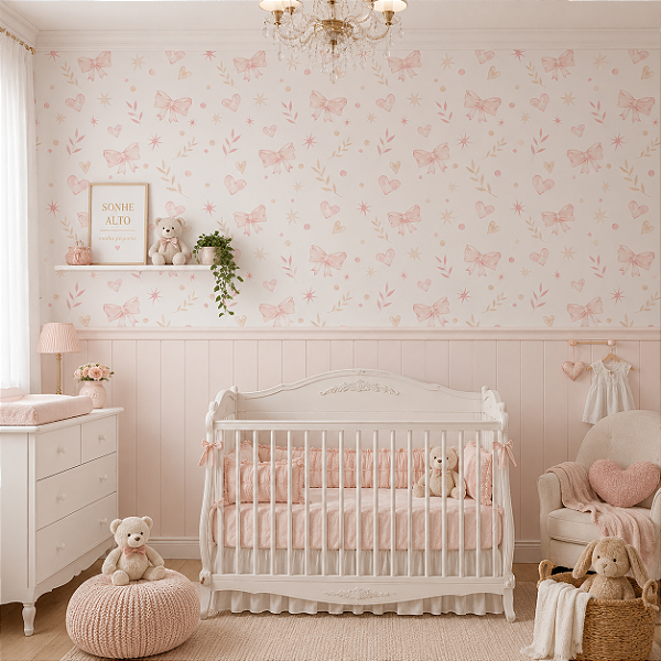 Papel de Parede Personalizado Quarto Menina Lacinhos e Corações
