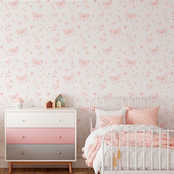 Papel de Parede Personalizado Quarto Menina Lacinhos e Corações