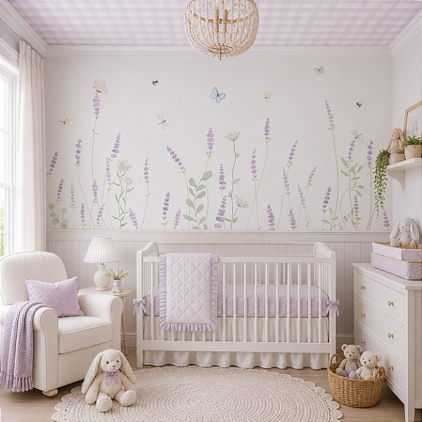 Papel de Parede Personalizado Quarto Infantil Lavandas Aquarela Soft