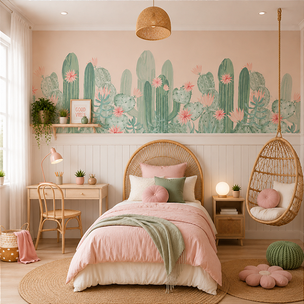 Papel de Parede Personalizado Quarto Menina Cactos Soft Aquarela