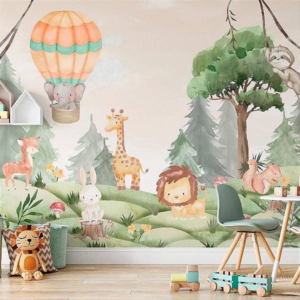 Papel de Parede Personalizado Quarto Bebê Cute Safari Aquarela
