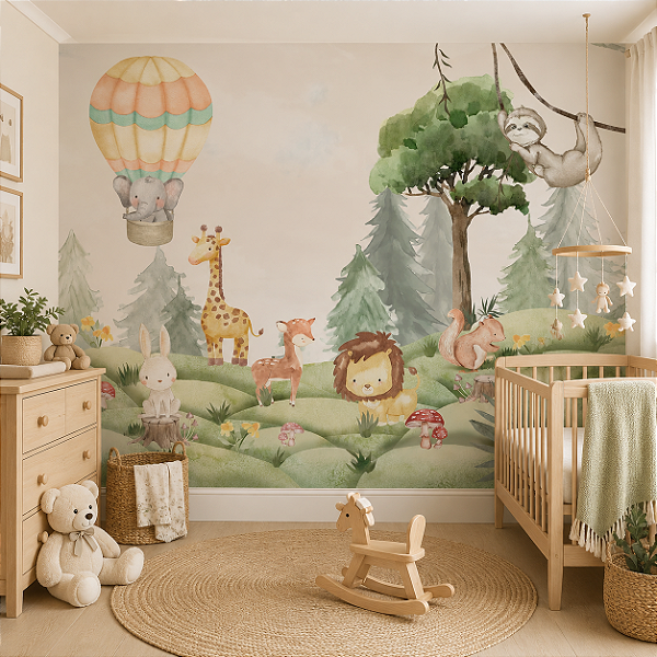 Papel de Parede Personalizado Quarto Bebê Cute Safari Aquarela