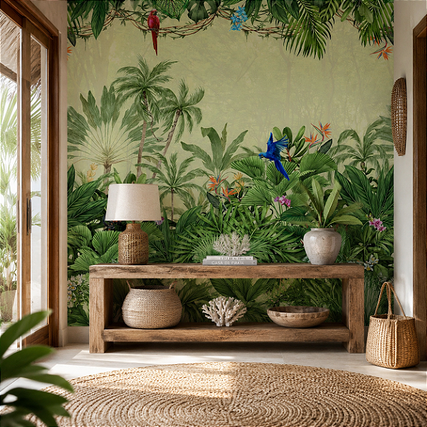 Papel de Parede Personalizado Sob Medida — Mata Tropical com Araras | 100% Lavável