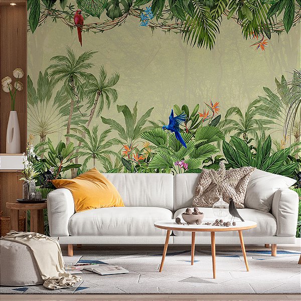 Papel de Parede Personalizado Sob Medida — Mata Tropical com Araras | 100% Lavável