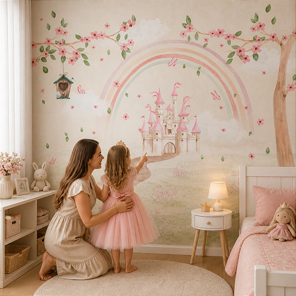 Papel de Parede Quarto Infantil Personalizado Arco-Íris Caminho para o Castelo