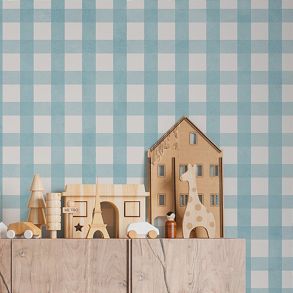 Papel de Parede Infantil Personalizado Xadrez Cimento Queimado Azul Claro