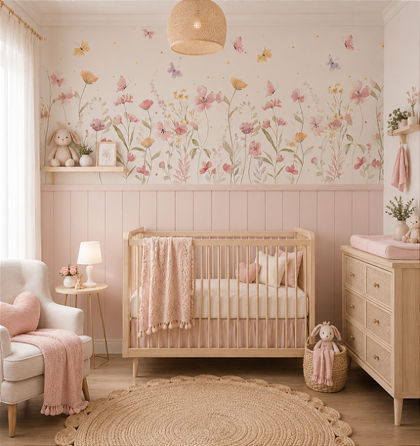 Papel de Parede Personalizado Infantil Aquarela Jardim com Borboletas