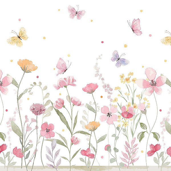 Papel de Parede Infantil Personalizado Aquarela Jardim com Borboletas