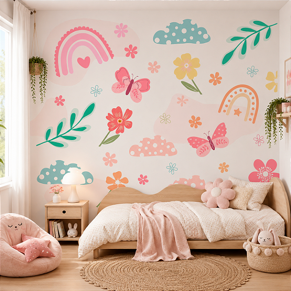 Papel de Parede Personalizado Quarto Infantil Grandes Borboletas Flores e Arco Íris