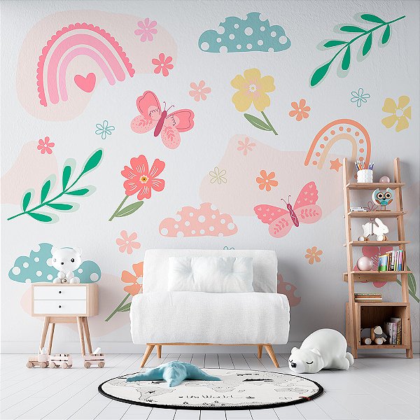 Papel de Parede Infantil Personalizado Grandes Borboletas Flores e Arco Íris