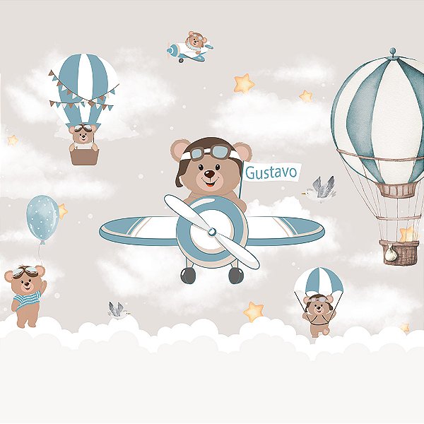 Papel de Parede Infantil Personalizado Ursinho Aviador - Nome Personalizado