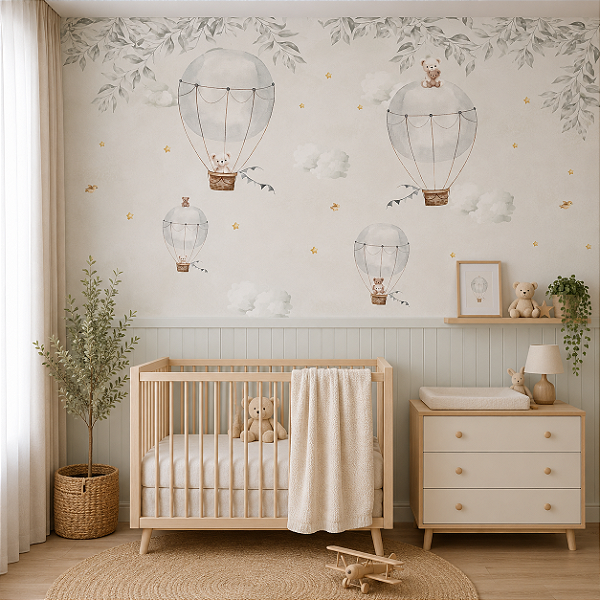 Papel de Parede Personalizado Quarto Infantil Balões e Ursinhos