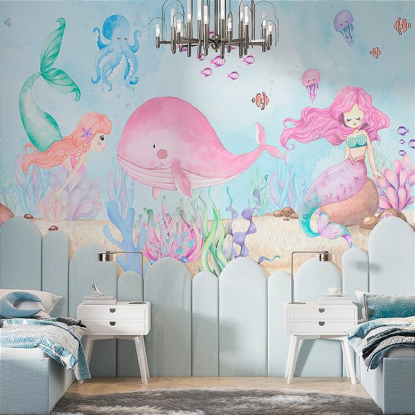 Papel de Parede Personalizado Infantil Aquarela Sereia Rosa Fundo do Mar