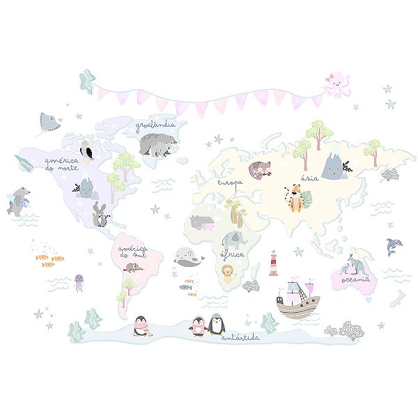 Papel de Parede Quarto Personalizado Infantil Mapa Mundi Cute - Candy Color
