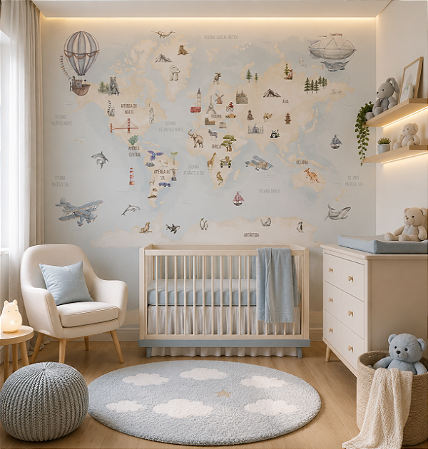 Papel de Parede Personalizado Infantil Mapa Mundi Animais e Turismo - Educativo e Lúdico