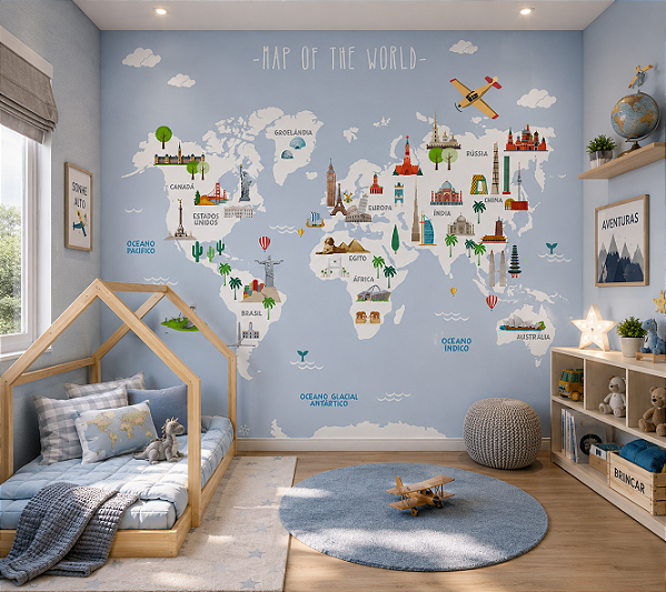 Papel de Parede Personalizado Infantil Mapa Mundi Viagem pelo Mundo Azul