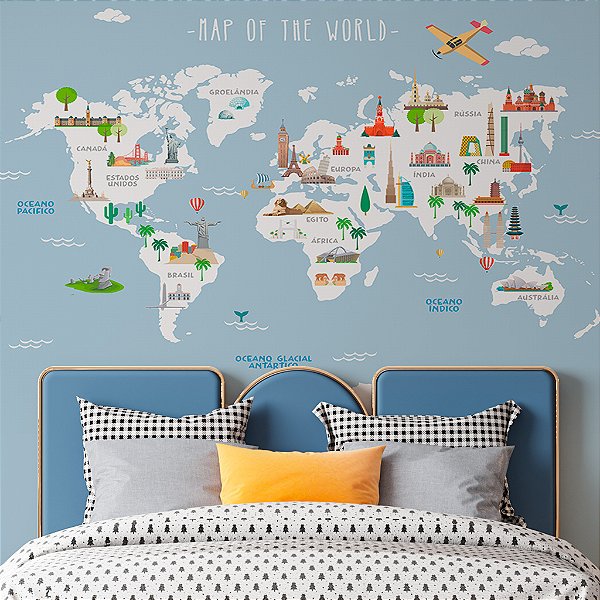 Papel de parede infantil personalizado Mapa Mundi Viagem pelo Mundo Azul