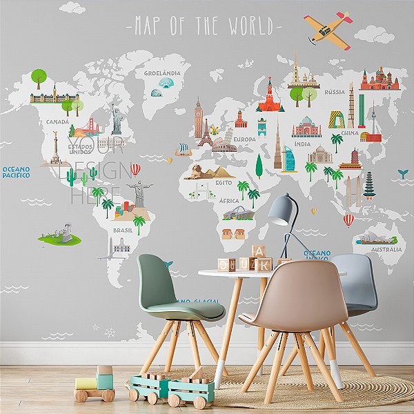 Papel de Parede Personalizado Infantil Mapa Mundi Viagem pelo Mundo Cinza