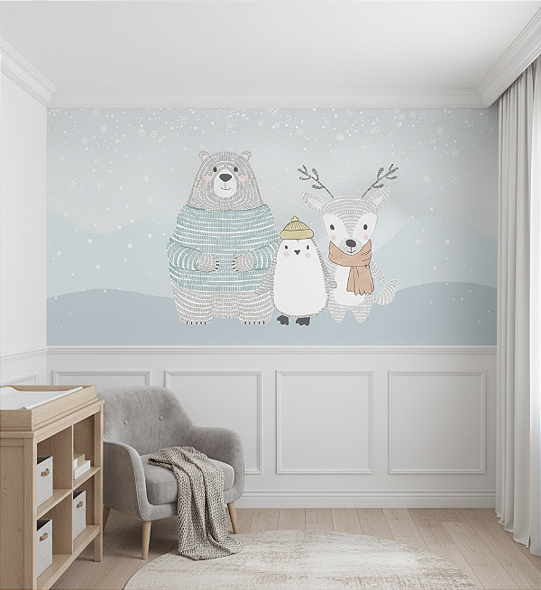 Papel de Parede Personalizado Infantil Pinguim com Amigos Urso e Rena Sob Medida