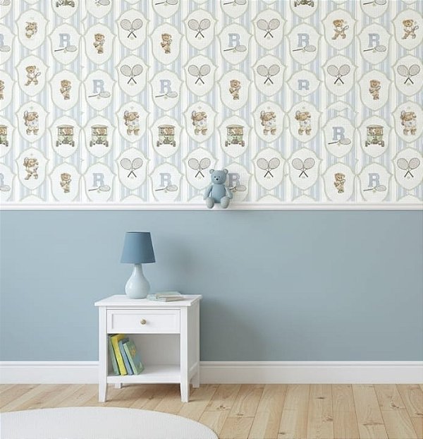 Papel de Parede Infantil Personalizado Non Woven Ursinho Tenista - Letra Personalizável