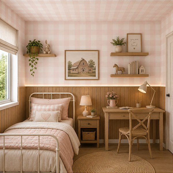 Papel de Parede Infantil Personalizado Xadrez Com Efeito Linho Rosa- Linho Diversas Cores