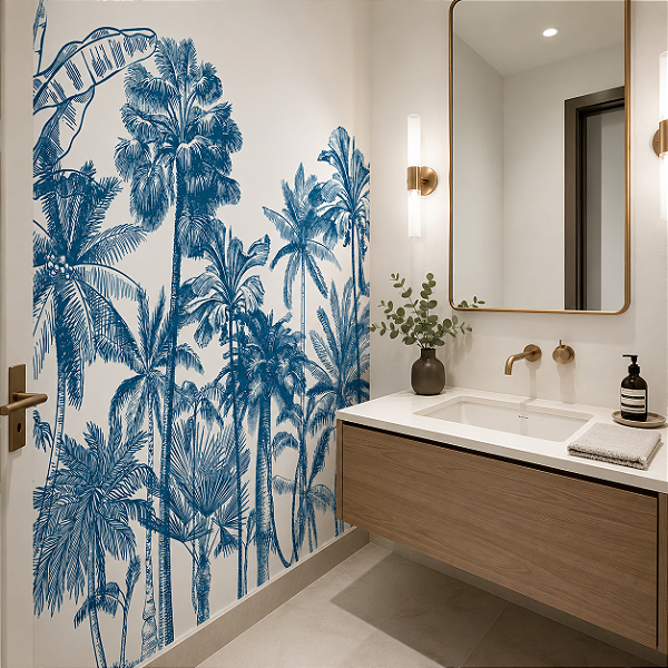 Papel de Parede Personalizado Palm Trees Monocromática Azul Sob Medida