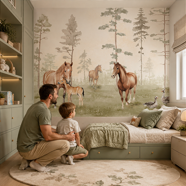 Papel de Parede Infantil Personalizado Quarto Cavalos ao Campo Sob Medida