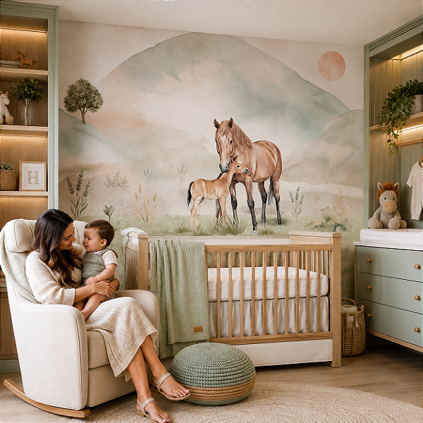 Papel de Parede Infantil Personalizado Quarto Afeto Cavalos Sob Medida