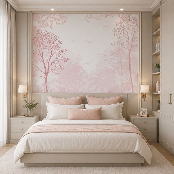 Papel de Parede Personalizado Floresta dos Pássaros Rosa Sob Medida
