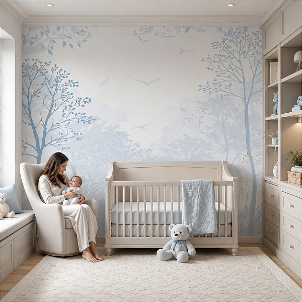 Papel de Parede Personalizado Quarto Infantil Menino Floresta dos Pássaros Azul Sob Medida