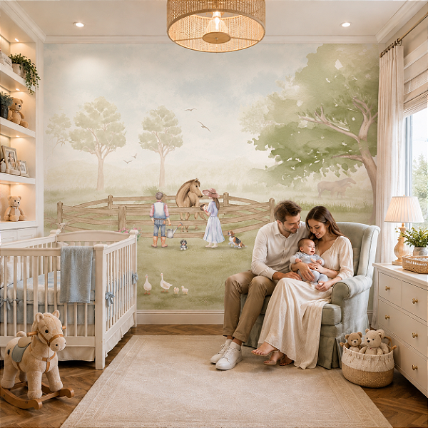 Papel de Parede Infantil Personalizado Quarto Fazenda da Família Sob Medida
