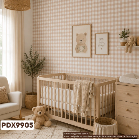 Papel De Parede Importado Infantil Vinílico Lavável Xadrez Marrom Claro Fundo Off PDX9905 Rolo 9,5 MT